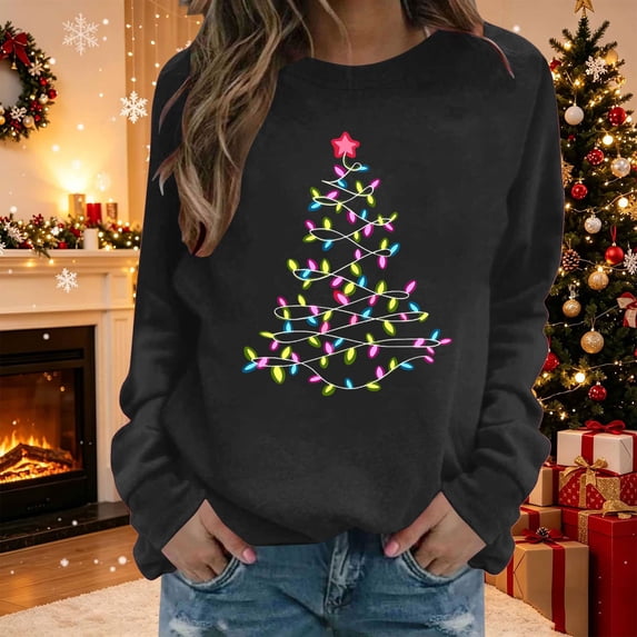 HOMBOM Womens Christmas Sweatshirt Crewneck Long Sleeve No Hood Christmas Tree Print Pullover Lightweight Loose Casual Fall Winter Tops