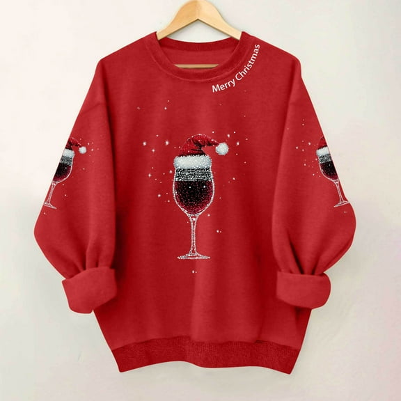 HOMBOM Womens Christmas Sweatshirts Festive Athletic Red Merry Crewneck Wine Glasses Cozy Sweatshirt for Ladies