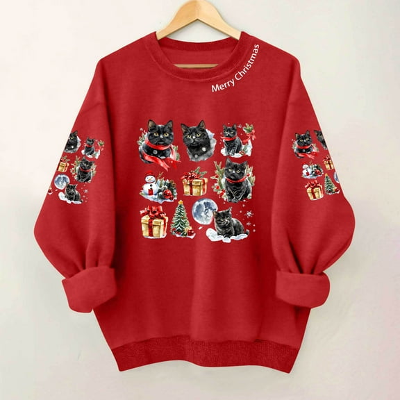 HOMBOM Womens Christmas Sweatshirts Merry Crewneck Xmas Soft Cat Athletic Red Sweatshirt for Adult