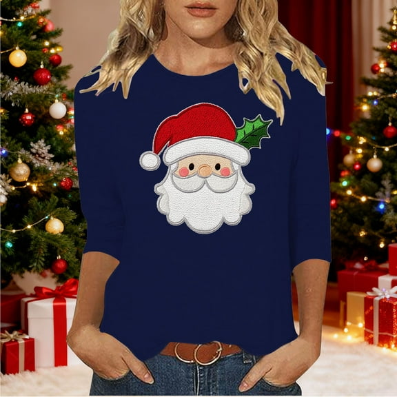 HOMBOM Womens Christmas Tops 3/4 Sleeve Graphic Casual Crewneck Blue Christmas Tree Xmas Tee Shirts for Female