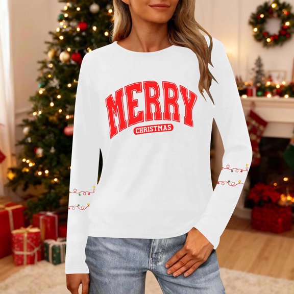 HOMBOM Womens Christmas Tops Cute Fashion White Crewneck Snowman T Shirts for Women Long Sleeve