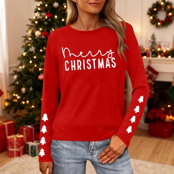 HOMBOM Womens Christmas Tops Long Sleeve Fashion Red Christmas Tree Crewneck Xmas Blouse for Women Funny