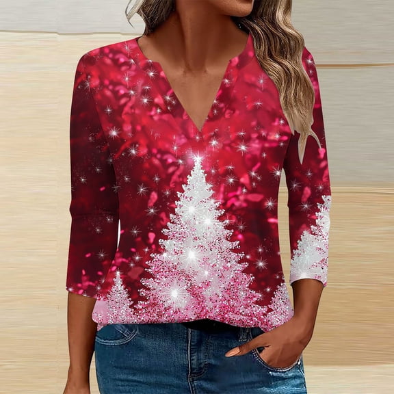 HOMBOM Womens Christmas Tops Pink Western Holiday 3/4 Sleeve V Neck Merry and Bright T Shirts for Female
