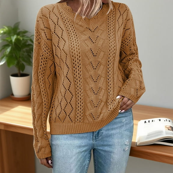 HOMBOM Womens Coffee Cable Knit Sweater Winter Eyelet Tops V-Neck Solid for Women Long Sleeve