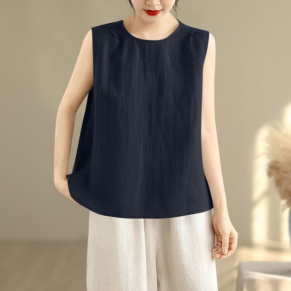 HOMBOM Womens Cotton Linen Shirts Button down Tank Tops Summer Crewneck Black Lapel Sleeveless Blouse for Ladies Loose Fit