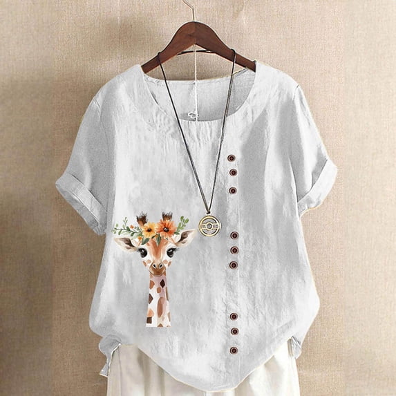 HOMBOM Womens Cotton Linen Shirts Crewneck White Boho Short Sleeve Graphic Summer Loose Casual Blouse for Ladies