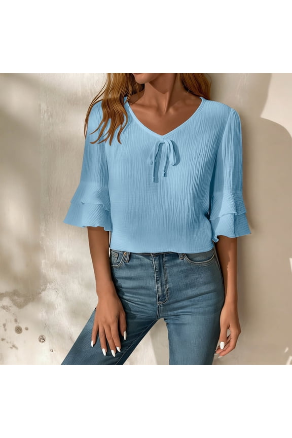 Womens Cotton Linen Shirts Crop Summer Short Sleeve Loose Light Blue V Neck Blouse for Women Solid