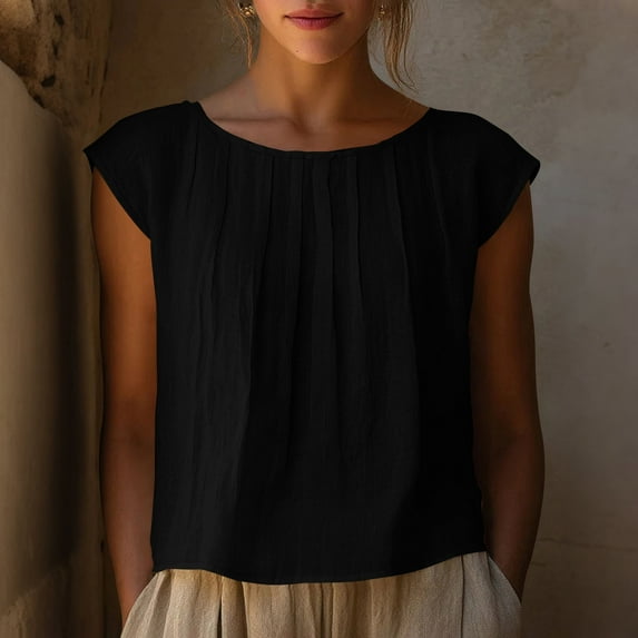 HOMBOM Womens Cotton Linen Shirts Pleated Black Solid Summer Short Sleeve Crewneck T Shirts for Ladies Casual