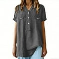 thumbnail image 1 of HOMBOM Womens Cotton Linen Shirts Summer Button V Neck Short Sleeve Plus Size Boho Gray Solid Blouse for Women, 1 of 7