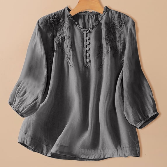 HOMBOM Womens Cotton Linen Tops 3/4 Sleeve Ruffled Gray Boho V-Neck Embroidered Summer Shirt for Ladies Casual Loose Blouse