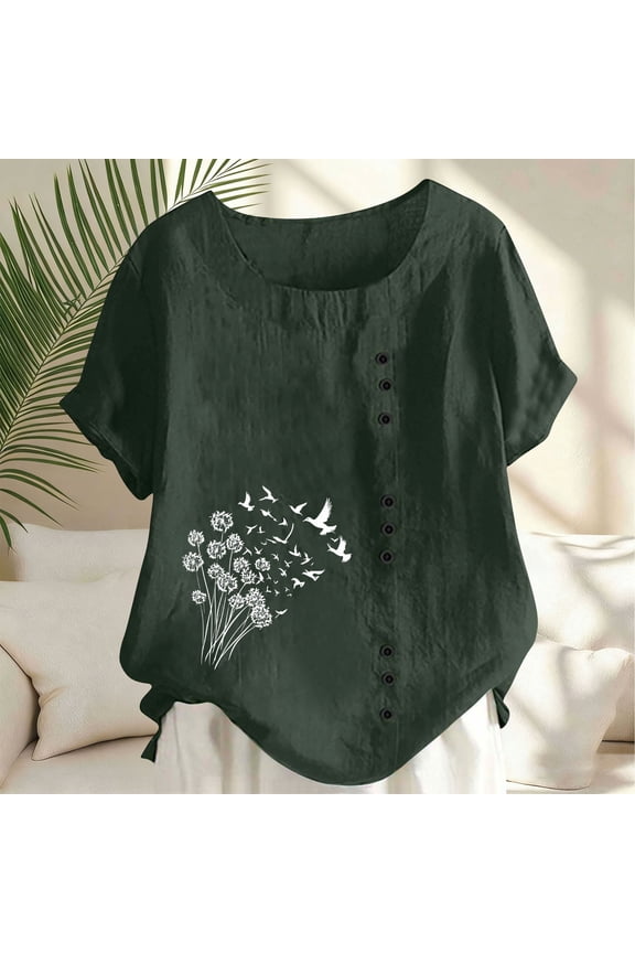 Womens Cotton Linen Tops Crewneck Tee Shirts Summer Short Sleeve Boho Casual T Shirts for Women