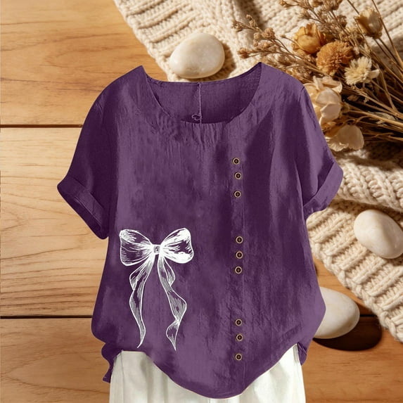 HOMBOM Womens Cotton Linen Tops Plus Size Button Crewneck Spring Purple Bow Print Short Sleeve Blouse for Women Casual