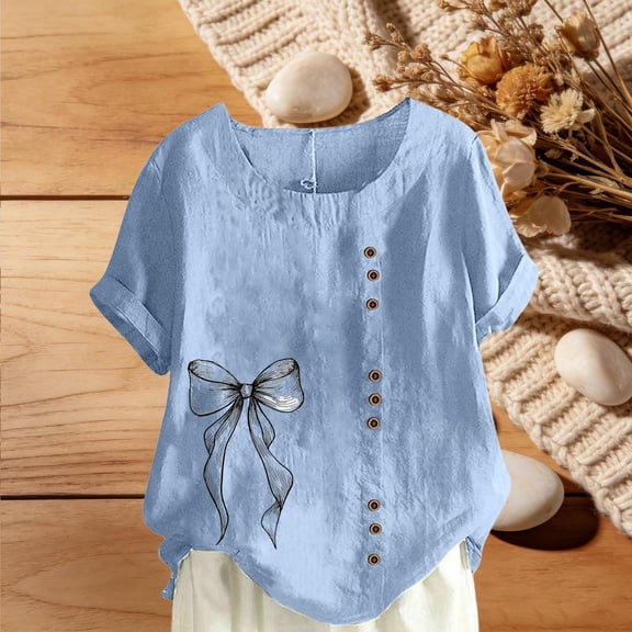 HOMBOM Womens Cotton Linen Tops Plus Size Button Summer Short Sleeve Loose Fit Bow Print Light Blue T Shirts for Ladies