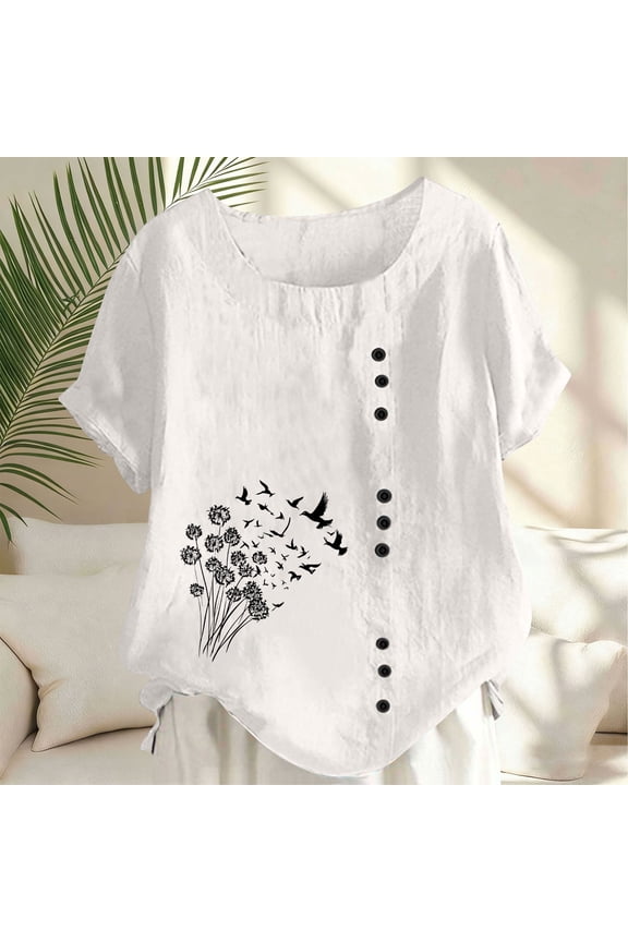 Womens Cotton Linen Tops Tee Shirts Crewneck Spring Boho Floral Casual Blouse for Ladies Short Sleeve