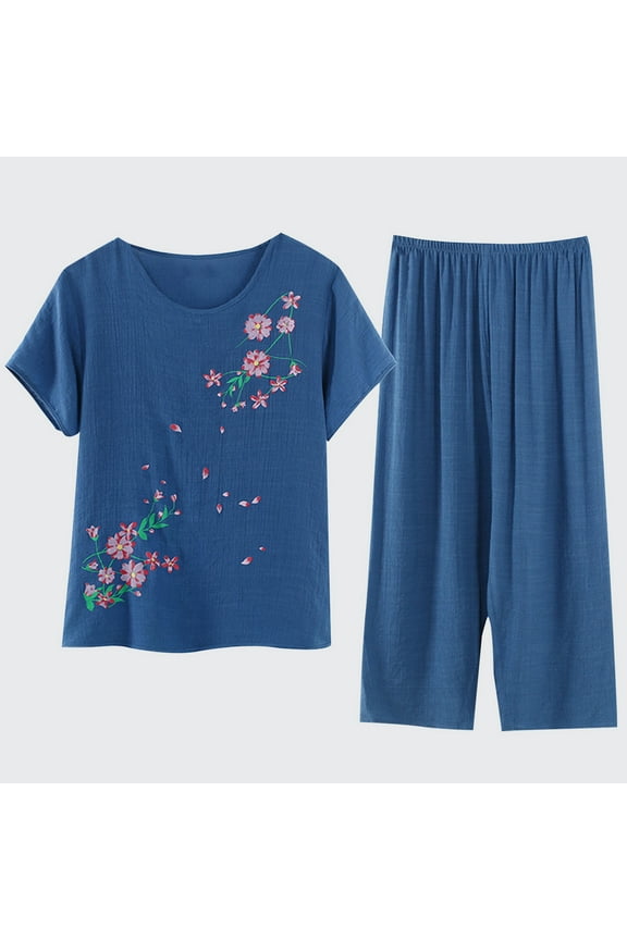Womens Cotton Pajamas With Pockets Top and Capri Pants Sleep Set Short Sleeve Blue Floral 2PC Pajama Sets