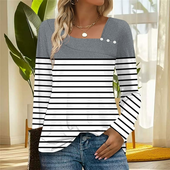 HOMBOM Womens Crew Neck T-Shirts Long Sleeve Gray Tunic Tops Casual Striped Tops Relaxed Fit for Women
