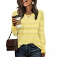 thumbnail image 1 of HOMBOM Womens Crew Neck T-Shirts Yellow Puff Sleeve Fall Tops Striped Long Sleeve for Women Relaxed Fit, 1 of 6