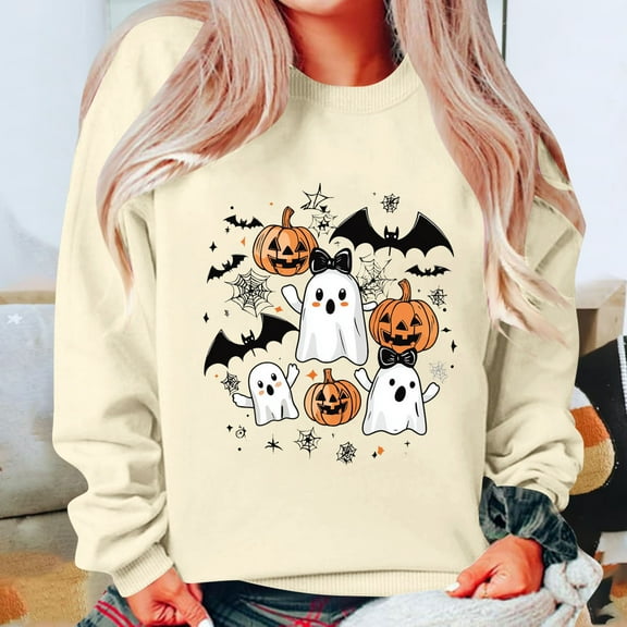 HOMBOM Womens Crewneck Sweatshirt Beige Spooky Season Drop Shoulder Long Sleeve Soft Pullover Tops for Ladies Relaxed Fit