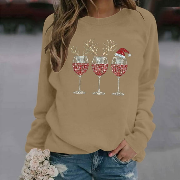 HOMBOM Womens Crewneck Sweatshirts Essentials Christmas Fleece Khaki Xmas Soft Sweatshirt for Ladies Merry