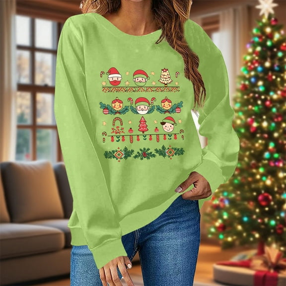 HOMBOM Womens Crewneck Sweatshirts Green Festive Christmas Greflying Santa Fall Xmas Sweatshirt for Ladies