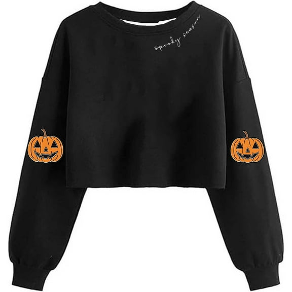 HOMBOM Womens Crop Sweatshirts Black Pullover Pumpkin Crewneck Long Sleeve Drop Shoulder Soft Tops for Ladies