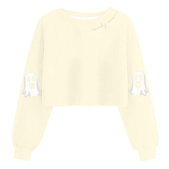 HOMBOM Womens Crop Sweatshirts Spooky Season Beige Pullover Relaxed Fit Drop Shoulder Long Sleeve Soft Tops for Ladies Crewneck