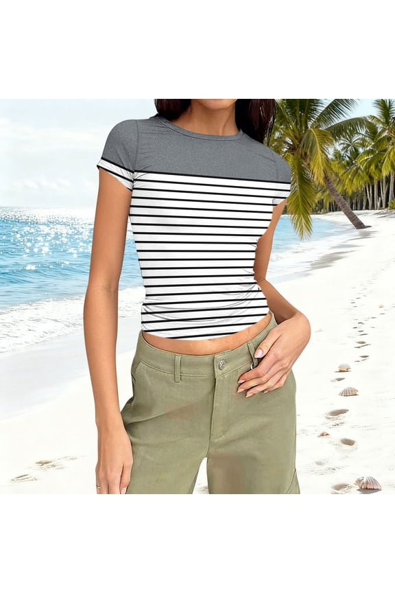 Womens Crop Tops Y2k Trendy Tee Shirts Striped Comfy Slim Fit Blouse for Ladies Crewneck