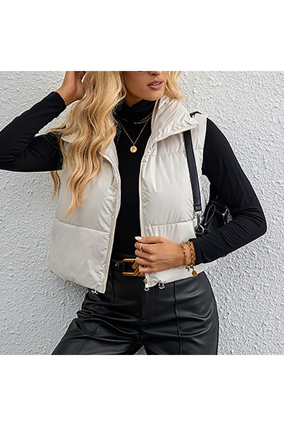 Womens Cropped Puffer Vest Lightweight White Overcoat Sleeveless Zip up Jackets Slim for Women Winter