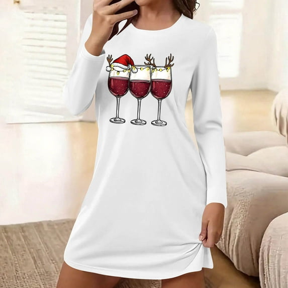 HOMBOM Womens Cute Nightgown Christmas Nightwear Long Sleeve Soft White Loose Plus Size Nightdress for Ladies