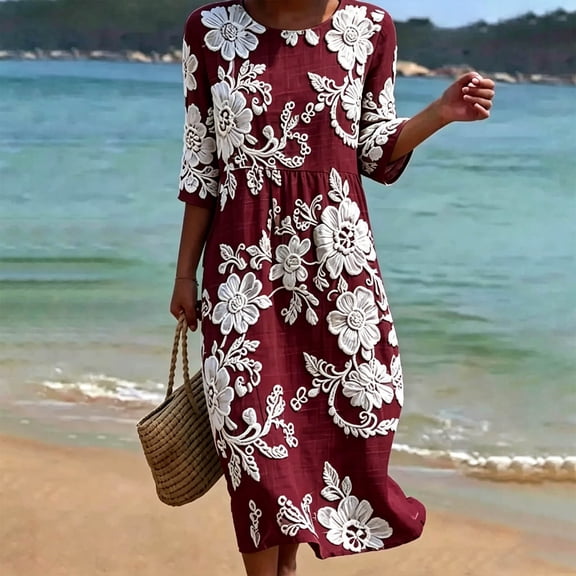 HOMBOM Womens Dresses Boho with Pockets Spring Midi 3/4 Sleeve Floral Everyday Crew Neck A-Line Dress for Young Women