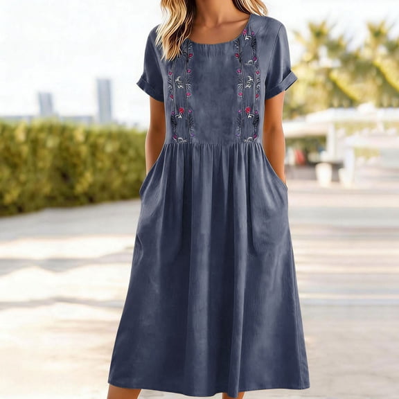 HOMBOM Womens Dresses Dress Short Sleeve Cotton Linen Vacation Summer Embroidered Print Maxi Navy A-Line Dress for Ladies Ruffled Waist