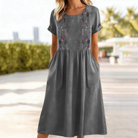 HOMBOM Womens Dresses Gray Dress with Pockets Maxi Embroidered Print Ruffled Waist A-Line Dress for Ladies Easter