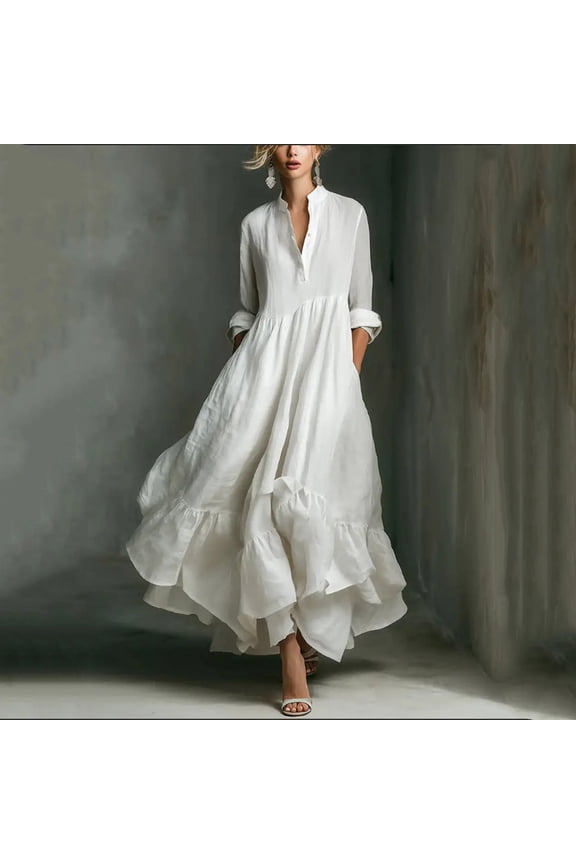 Womens Dresses Maxi Cotton Linen Long Casual Long Sleeve Tiered Flowy Ruffle Hem V-Neck A-Line Dress for Ladies with Pockets