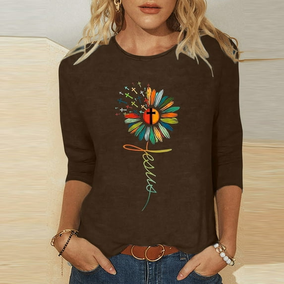 HOMBOM Womens Dressy Easter Tops 3/4 Sleeve Brown Casual Tops Happy Easter Round Neck Womens Tops L
