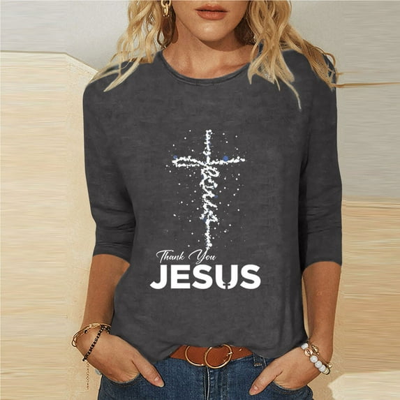 HOMBOM Womens Dressy Easter Tops Gray 3/4 Sleeve Casual Tops Crew Neck Easter Cross of Jesus Cute Tops For Women Y2k L