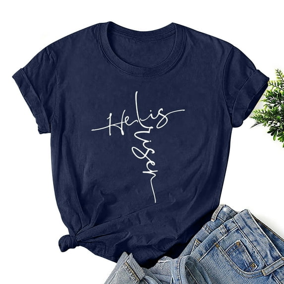 HOMBOM Womens Dressy Easter Tops Short Sleeve Navy T-shirts Round Neck Happy Easter Y2k Tops For Women XXXL
