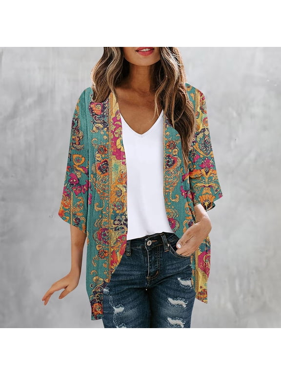 Womens Dusters Kimono Beach Cardigan 3/4 Sleeve Floral Breathable Lightweight Vacation Cover Ups for Young Women