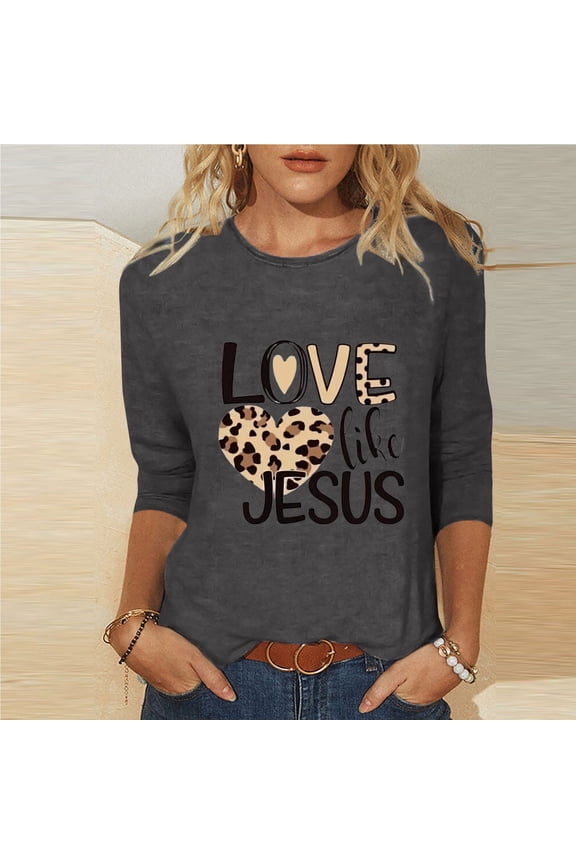 Womens Easter Shirts 2024 3/4 Sleeve Gray Casual Tops LOVE LIKE JESUS Crew Neck Womens Tops Dressy Casual Summer S