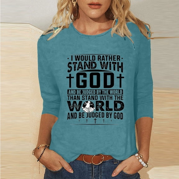 HOMBOM Womens Easter Shirts 2024 Blue 3/4 Sleeve Graphic Tee Round Neck Easter Cross of Jesus Casual Tops For Women Under $15 XXL