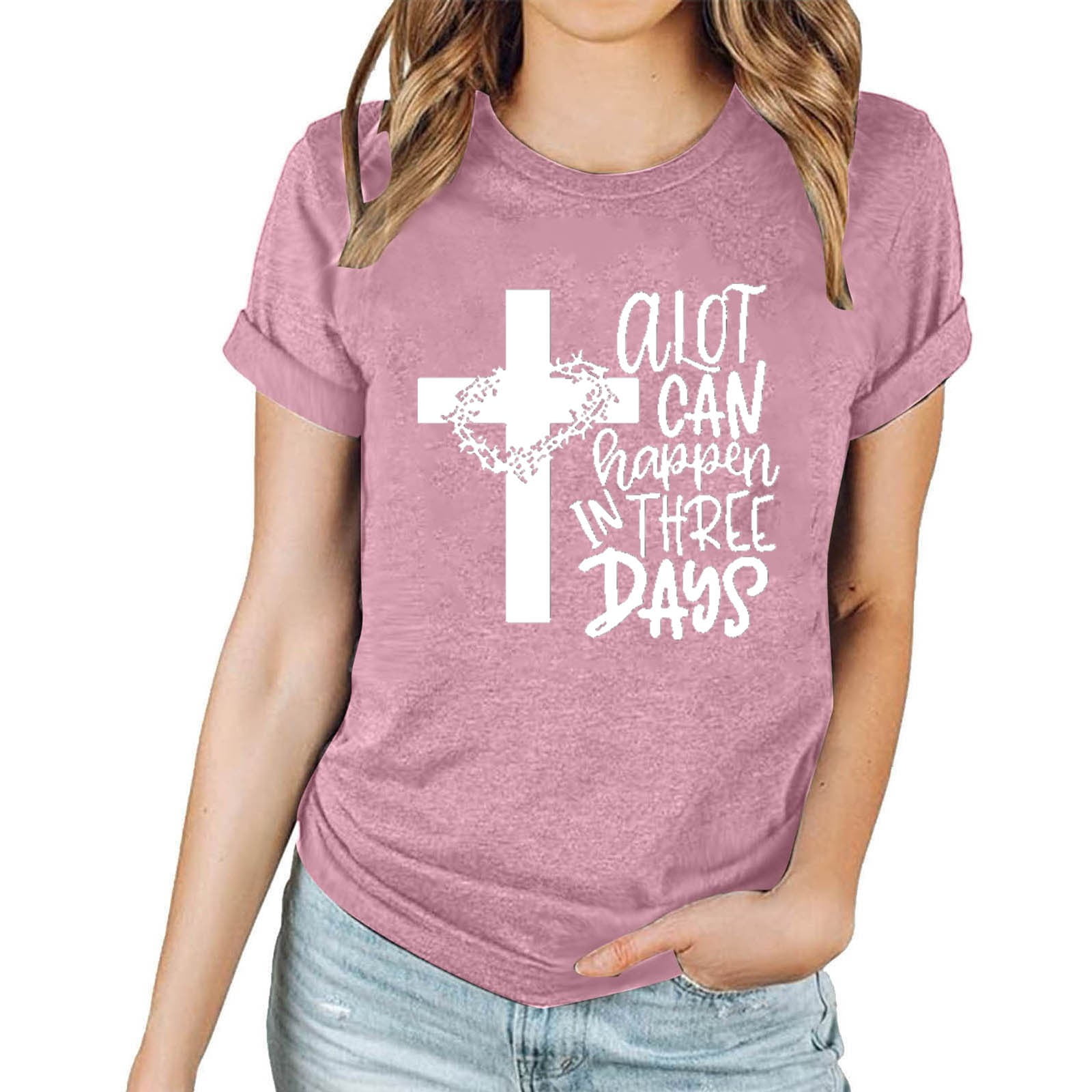 HOMBOM Womens Easter Shirts 2024 Pink Crew Neck Short Sleeve Easter ...