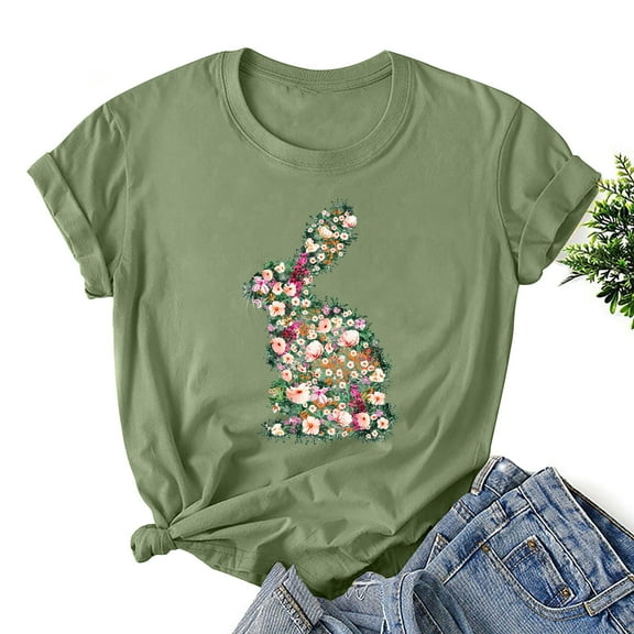 HOMBOM Womens Easter Shirts Short Sleeve Green T-shirts Round Neck Happy Easter Womens Tops M