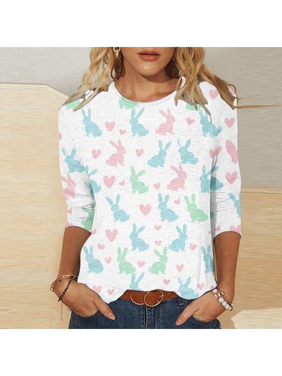 Womens Easter Tops Summer T-Shirts 3/4 Sleeve Bunny Print Basic Graphic Tees for Ladies