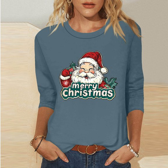 HOMBOM Womens Fall Tops Blue Western Crewneck Christmas Tree Christmas Xmas 3/4 Sleeve Tee Shirts for Ladies