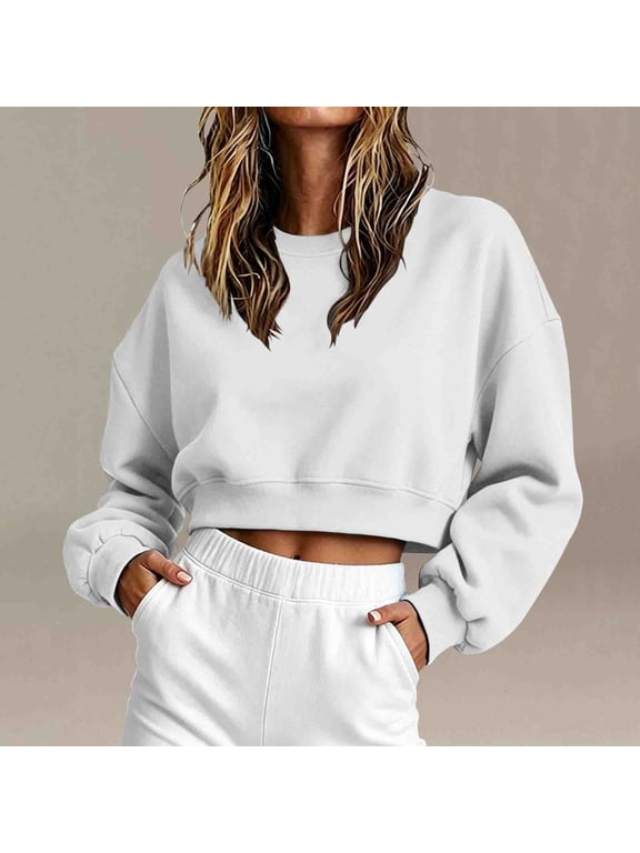 Womens Fashion Sweatshirt Lightweight Crop Crew Neck Long Sleeve Casual Pullover Tops for Young Women Loose Outfits