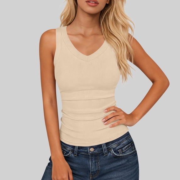 HOMBOM Womens Fitted Ribbed Tank Tops Beige Camisole Y2k Sleeveless Summer Soft Top for Ladies