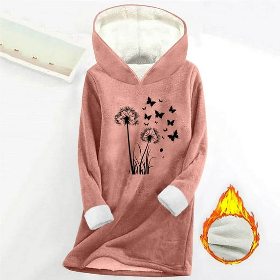 HOMBOM Womens Fleece Tops Hooded Pink Warm Undershirts Long Sleeve Winter Graphic Relaxed Fit for Ladies