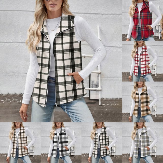 HOMBOM Womens Fleece Vest with Pockets Black Soft Jacket Sleeveless Lightweight Outwear Checkered Zip Up Coat for Women