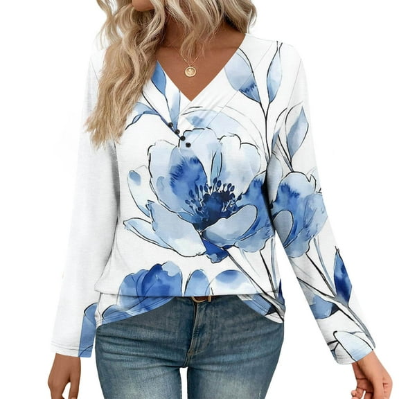 HOMBOM Womens Floral T-Shirts White Trendy V-Neck Tops Relaxed Fit Long Sleeve for Ladies