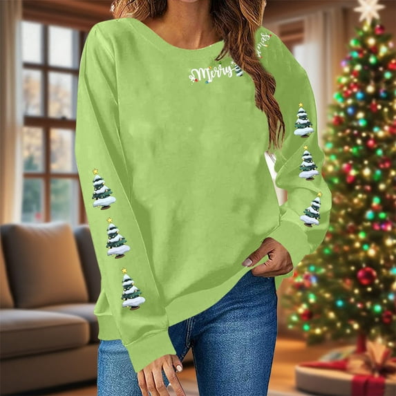 HOMBOM Womens Funny Christmas Sweatshirts Crewneck Pullover Lightweight Green Long Sleeve Casual Shirts for Ladies