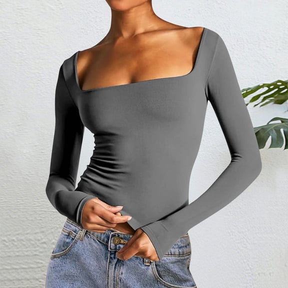 HOMBOM Womens Going Out Tops Trendy Long Sleeve Gray Slim Square Neck Plain T Shirts Y2K for Ladies